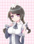  1girl aisha animal animal_on_head black_hair braid cat cat_on_head elsword eyebrows_visible_through_hair finger_to_mouth heart heart-shaped_pupils highres kumataro maid_dress on_head smile symbol-shaped_pupils tail_wagging twin_braids 