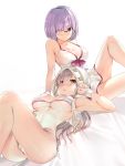  2girls ass bangs bare_shoulders bikini blush bow breasts character_request cleavage closed_mouth collarbone dress_swimsuit fate/grand_order fate_(series) glasses hair_over_one_eye hips hood large_breasts lavender_hair long_hair looking_at_viewer lying mash_kyrielight multiple_girls on_back open_mouth pink_bow short_hair silver_hair simple_background sitting smile swimsuit swimsuit_of_perpetual_summer teddy_(khanshin) thighs violet_eyes waist white_background white_bikini yellow_eyes 