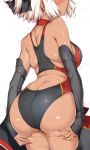  1girl alternate_hairstyle ass back bare_shoulders black_ribbon black_swimsuit blush breasts choker cowboy_shot dakimakura dark_skin deep_skin elbow_gloves fate/grand_order fate_(series) from_behind gloves hair_ribbon harukon_(halcon) head_out_of_frame hips huge_ass large_breasts legs_together lying okita_souji_(alter)_(fate) okita_souji_(fate) okita_souji_(fate)_(all) on_stomach one-piece_swimsuit parted_lips red_choker ribbon short_hair smile solo swimsuit white_hair wide_hips 