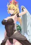  1girl arm_up armpits bare_shoulders black_leotard blonde_hair blue_sky bowsette bracelet breasts cleavage collar contrapposto covered_navel cowboy_shot crown fang genderswap groin hand_up highleg highleg_leotard highres horns jacket jewelry large_breasts leotard looking_at_viewer super_mario_bros. new_super_mario_bros._u_deluxe nintendo pointy_ears ponytail red_eyes scotishfold sharp_teeth shell shoulder_spikes skirt sky sleeveless slit_pupils smile smirk solo spiked_bracelet spiked_collar spikes standing strapless super_mario_bros. teeth waist_cape 