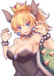  1girl bare_shoulders black_dress black_nails blonde_hair blue_eyes blush bowsette bracelet breasts choker claw_pose cleavage collarbone dress earrings eyebrows_visible_through_hair highres horns jewelry large_breasts looking_at_viewer super_mario_bros. nail_polish new_super_mario_bros._u_deluxe nintendo parted_lips short_hair short_ponytail smile solo super_crown zeolch 
