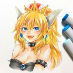  1girl :d bangs bare_shoulders black_dress blonde_hair blue_eyes bowsette bracelet breasts cleavage collar crown dress earrings fangs hair_between_eyes highres horns jewelry large_breasts looking_at_viewer super_mario_bros. marker_(medium) nintendo open_mouth photo pointy_ears ponytail shi-chan smile solo spiked_bracelet spiked_collar spikes strapless strapless_dress super_mario_bros. traditional_media 