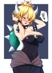  1girl bare_shoulders blonde_hair blush bowsette bracelet breasts cleavage collar commentary_request covered_navel crown fang genderswap genderswap_(mtf) highres horns jewelry kawaruhi large_breasts looking_at_viewer super_mario_bros. new_super_mario_bros._u_deluxe nintendo open_mouth ponytail red_eyes short_hair solo spiked_armlet spiked_bracelet spiked_collar spikes super_mario_bros. 