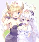  2girls ;d arms_up bangs black_dress blonde_hair blue_eyes bowsette breasts cleavage commentary_request crown dress earrings elbow_gloves eyebrows_visible_through_hair fangs fingernails frilled_dress frilled_gloves frills genderswap genderswap_(mtf) gloves hair_between_eyes heart horns indoors jewelry kinokomushi long_hair super_mario_bros. medium_breasts mini_crown multiple_girls new_super_mario_bros._u_deluxe nintendo one_eye_closed open_mouth pointy_ears ponytail princess_king_boo puffy_short_sleeves puffy_sleeves sharp_fingernails sharp_teeth short_sleeves silver_hair smile spiked_shell strapless strapless_dress super_crown teeth tongue tongue_out translated turtle_shell very_long_hair violet_eyes white_dress white_gloves 