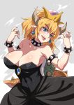  1girl armlet bangs bare_shoulders black_dress blonde_hair blue_eyes blush body_blush bowser bowsette bracelet breasts cleavage collar collarbone covered_navel crown dress earrings eyebrows_visible_through_hair fingernails genderswap genderswap_(mtf) highres horns inue_shinsuke jewelry large_breasts long_hair looking_at_viewer super_mario_bros. nail_polish new_super_mario_bros._u_deluxe nintendo ring sharp_fingernails sharp_teeth shiny shiny_clothes shiny_hair shiny_skin solo spiked_armlet spiked_bracelet spiked_collar spiked_shell spiked_tail spikes super_crown super_mario_bros. tail teeth turtle_shell 