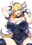  1girl absurdres armlet bare_shoulders black_legwear blonde_hair blue_eyes bowser bowsette bracelet breasts cleavage collar covered_nipples crown genderswap genderswap_(mtf) highres horns huge_breasts jewelry leotard long_hair looking_at_viewer super_mario_bros. new_super_mario_bros._u_deluxe nintendo ponytail shiny shiny_hair shiny_skin solo spiked_bracelet spikes spread_legs super_crown takaraizu teeth tongue tongue_out turtle_shell 