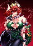  1girl abs bare_shoulders biceps borrowed_design bowsette bracelet breasts chiba_toshirou choker cleavage cleavage_cutout collarbone covered_mouth crown genderswap genderswap_(mtf) horns jewelry large_breasts looking_at_viewer super_mario_bros. mini_crown muscle muscular_female new_super_mario_bros._u_deluxe nintendo sharp_teeth sparkle spiked_armlet spiked_bracelet spiked_choker spiked_tail spikes super_crown super_mario_bros. tail teeth thick_eyebrows 