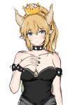  1girl adore_(adoredesu) bare_shoulders black_dress blonde_hair blue_eyes bowsette bracelet breasts collar crown dress highres horns jewelry looking_at_viewer super_mario_bros. nail_polish new_super_mario_bros._u_deluxe nintendo pointy_ears simple_background sketch solo spiked_bracelet spiked_collar spikes strapless strapless_dress super_crown upper_body white_background 