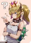  1girl ? apron bangs bare_shoulders blonde_hair blue_eyes blush bowsette bracelet breasts cleavage collar commentary_request cooking crown earrings eating hair_between_eyes highres horns jewelry ladle large_breasts long_hair looking_away new_super_mario_bros._u_deluxe nintendo nintendo_ead open_mouth pink_background pirapirapirapira pointy_ears ponytail pot sharp_teeth sidelocks simple_background solo spiked_bracelet spiked_collar spiked_shell spikes super_crown tasting teeth translated v-shaped_eyebrows white_apron you&#039;re_doing_it_wrong 