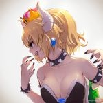  1girl bare_shoulders blonde_hair blue_eyes bowsette bracelet collar collarbone commentary crown dress earrings eyebrows_visible_through_hair genderswap genderswap_(mtf) jewelry super_mario_bros. nail_polish new_super_mario_bros._u_deluxe nintendo profile short_hair solo strapless strapless_dress takami_masahiro 