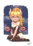  1girl aduo bare_shoulders black_legwear black_leotard blonde_hair blue_eyes blush bowsette breasts child cleavage clouds collar crown earrings embarrassed full_body genderswap genderswap_(mtf) highres horns jewelry kneeling leotard looking_at_viewer super_mario_bros. new_super_mario_bros._u_deluxe nintendo open_mouth piranha_plant pointy_ears ponytail sharp_teeth shoulder_spikes simple_background sky sleeveless small_breasts solo spiked_collar spikes strapless teeth thigh-highs white_background 