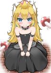  1girl absurdres armlet black_dress blonde_hair blush bowser bowsette bracelet catstudioinc_(punepuni) child collar dress earrings eyebrows_visible_through_hair fangs genderswap genderswap_(mtf) highres horns jewelry long_hair looking_at_viewer mushroom new_super_mario_bros._u_deluxe pointy_ears simple_background solo spiked_bracelet spiked_collar spikes strapless strapless_dress super_crown tears teeth trembling 