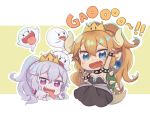  +_+ 2girls :p armpits arms_up baby_bowser blonde_hair blue_eyes blush boo bowsette bracelet character_request chibi collar commentary_request crown dress eyebrows_visible_through_hair fang gao genderswap genderswap_(mtf) hair_between_eyes horns humanization jewelry king_boo super_mario_bros. multiple_girls nintendo open_mouth pointy_ears sharp_teeth simple_background spiked_bracelet spiked_collar spikes tail teeth tongue tongue_out totatokeke turtle_shell violet_eyes white_hair 