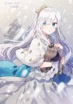  1girl anastasia_(fate/grand_order) bangs blue_eyes cape capelet coat doll dress fate/grand_order fate_(series) hairband holding ikeuchi_tanuma long_dress long_hair looking_at_viewer parted_lips signature silver_hair snow snowing standing twitter_username white_capelet white_dress wristband 