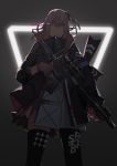  1girl armor backlighting battle_rifle black_legwear breastplate brown_gloves commentary english_commentary girls_frontline gloves gun hair_ornament hairclip highres nunuan one_side_up pink_eyes pink_hair rifle scope solo st_ar-15_(girls_frontline) thigh-highs trigger_discipline weapon zettai_ryouiki 