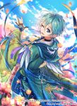  1boy ;d artist_name blue_eyes blue_hair blue_sky braid clouds copyright_request day earrings fantasy flower hood hood_down interitio jewelry looking_back male_focus official_art one_eye_closed open_mouth outdoors pink_flower pointy_ears robe sky smile standing watermark wide_sleeves 
