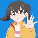  1girl black_hair blue_background closed_mouth ears eyebrows hand_up jacket kuraue_hinata leedoppo looking_at_viewer orange_jacket shirt short_hair simple_background smile solo twintails upper_body violet_eyes yama_no_susume 