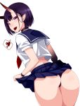  1girl alternate_costume ass blue_skirt bob_cut fate/grand_order fate_(series) from_behind heart horns looking_back namidame oni oni_horns over_shoulder panties pantyshot pantyshot_(standing) pleated_skirt pointy_ears purple_hair purple_panties sailor_collar school_uniform serafuku short_hair short_sleeves shuten_douji_(fate/grand_order) skirt solo spoken_heart standing tongue tongue_out underwear violet_eyes 