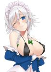  1girl ;) arm_under_breasts bangs bare_shoulders black_bra blue_eyes blue_shirt blush bow bra braid breasts collarbone commentary_request covered_nipples eyebrows_visible_through_hair green_bow hair_between_eyes hair_bow head_tilt izayoi_sakuya juliet_sleeves large_breasts lips long_sleeves looking_at_viewer maid maid_headdress off_shoulder one_eye_closed puffy_sleeves shirt short_hair silver_hair smile solo touhou transparent_background twin_braids underwear upper_body utakata_(kochou_no_yume) white_shirt 