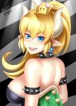  1girl :d absurdres artist_name bare_shoulders blacksaikou blonde_hair blue_eyes bowsette breasts collar commentary crown dress earrings english_commentary eyebrows_visible_through_hair eyes_visible_through_hair from_behind genderswap genderswap_(mtf) glint hair_between_eyes highres horns jewelry large_breasts long_hair looking_at_viewer looking_back super_mario_bros. mole mole_under_eye new_super_mario_bros._u_deluxe nintendo open_mouth pointy_ears ponytail sharp_teeth short_hair smile solo spiked_armlet spiked_collar spiked_shell spikes strapless strapless_dress super_crown teeth turtle_shell v-shaped_eyebrows 