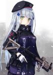  1girl assault_rifle bangs beret blunt_bangs blush breasts clothes_writing commentary_request eyebrows_visible_through_hair facial_mark girls_frontline gloves green_eyes gun hair_ornament hat heckler_&amp;_koch hk416 hk416_(girls_frontline) holding holding_gun holding_weapon iron_cross long_hair looking_at_viewer medium_breasts military military_uniform nagishiro_mito open_mouth parted_lips rifle sidelocks silver_hair skirt snow snowing solo standing teardrop trigger_discipline uniform weapon white_gloves wind 