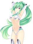  1girl armpits arms_up breasts choujigen_game_neptune cleavage detached_sleeves eyebrows_visible_through_hair floating_hair green_hair green_heart groin hair_between_eyes high_ponytail highres large_breasts long_hair looking_at_viewer navel neptune_(series) parted_lips shiny shiny_hair simple_background solo standing under_boob very_long_hair violet_eyes white_background zero_(ray_0805) 