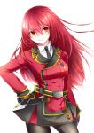  1girl elesis_(elsword) elsword eyebrows_visible_through_hair gloves hair_between_eyes highres kumataro long_hair long_sleeves medal military military_uniform redhead smile uniform 