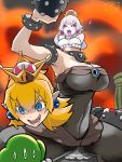  1boy 1girl :d armlet black_dress black_sclera blonde_hair blue_eyes bowsette bracelet breasts brooch cleavage disembodied_head dress earrings highres jewelry large_breasts long_tongue luigi luigi&#039;s_mansion super_mario_bros. nagano_(northern_nine_states) new_super_mario_bros._u_deluxe nintendo open_mouth pointy_ears princess_king_boo red_eyes sharp_teeth smile spiked_bracelet spikes spoilers strapless strapless_dress super_crown super_mario_bros. sweatdrop teeth tongue tongue_out white_hair white_skin 