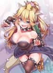  1girl :d armpits bare_shoulders black_leotard blonde_hair blue_eyes bowsette breasts cleavage crown dress fang fingernails fishnet_legwear fishnets genderswap genderswap_(mtf) konnyaku_(kk-monmon) large_breasts leotard super_mario_bros. new_super_mario_bros._u_deluxe nintendo open_mouth ponytail sarong sharp_fingernails shell sleeveless smile solo spikes strapless super_crown super_mario_bros. tail teeth thigh-highs wind wind_lift 