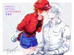  1boy 1girl ae-3803 artist_name baseball_cap belt cabbie_hat closed_eyes commentary_request couple dated english gloves hat hataraku_saibou hetero imminent_kiss jacket long_sleeves red_blood_cell_(hataraku_saibou) red_jacket redhead short_hair shorts signature tina_(tinashan2) u-1146 white_blood_cell_(hataraku_saibou) white_hair white_hat white_skin 
