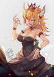  1girl :d black_dress blonde_hair bowsette bracelet breasts chibi chibi_inset cleavage collar crown dress earrings fang fingernails grey_background hand_up highres horns jewelry large_breasts long_dress looking_at_viewer mario super_mario_bros. nintendo open_mouth pointy_ears ponytail sanshouuo sharp_fingernails smile solo solo_focus spiked_bracelet spiked_collar spikes strapless strapless_dress super_crown super_mario_bros. 