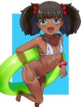  1girl :d bangs bikini black_hair blue_eyes commentary_request dark_skin fang flat_chest hai_ookami hair_ornament hair_scrunchie highres holding holding_innertube innertube looking_at_viewer medium_hair open_mouth original outside_border red_scrunchie revision scrunchie shiny shiny_hair side-tie_bikini side-tie_bottom simple_background smile solo standing standing_on_one_leg swimsuit tan tareme twintails white_bikini 