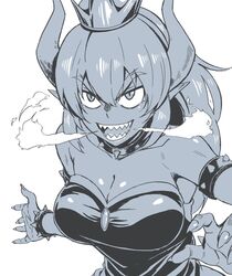  1girl bowsette breasts cleavage fingernails highres horns large_breasts long_hair super_mario_bros. monochrome nintendo pointy_ears sharp_fingernails sharp_teeth teeth 