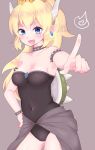  bare_shoulders black_leotard blonde_hair bowsette bracelet breasts brown_background cleavage collar commentary_request covered_navel crown genderswap genderswap_(mtf) groin hand_on_hip highres horns index_finger_raised jewelry leotard long_hair super_mario_bros. medium_breasts mini_crown new_super_mario_bros._u_deluxe nintendo outstretched_arm spiked_bracelet spiked_collar spiked_shell spikes strapless strapless_leotard super_crown tachibanami_gutsu turtle_shell very_long_hair 