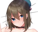  1girl bangs bare_shoulders black_choker black_neckwear blue_eyes blue_hat brown_hair choker collarbone eyebrows_visible_through_hair face hair_between_eyes hair_ornament hairclip hat hat_ribbon headgear kantai_collection looking_at_viewer maya_(kantai_collection) portrait raised_eyebrows ribbon short_hair simple_background solo white_background x_hair_ornament yukichi_(sukiyaki39) 