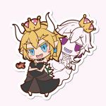  2girls bare_shoulders black_dress blonde_hair bowsette bracelet chibi collar crossed_arms crown dress fire flame genderswap genderswap_(mtf) gloves hair_between_eyes highres horns jewelry long_hair luigi&#039;s_mansion super_mario_bros. multiple_girls new_super_mario_bros._u_deluxe nintendo ponytail princess_king_boo sharp_teeth simple_background spiked_bracelet spiked_collar spikes super_crown super_mario_bros. teeth turtle_shell violet_eyes white_dress white_hair yama_minami 