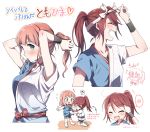  2girls :d ? ^_^ adjusting_another&#039;s_clothes ahoge alternate_hairstyle bang_dream! bangs blue_eyes closed_eyes flying_sweatdrops green_eyes hachimaki hair_tucking headband headband_pull japanese_clothes kneeling long_hair mouth_hold multiple_girls multiple_views musical_note open_mouth ponytail ponytail_holder re_ghotion redhead short_sleeves shorts sidelocks smile spoken_blush spoken_musical_note sweat sweatband translation_request tying_hair udagawa_tomoe uehara_himari v-shaped_eyebrows 