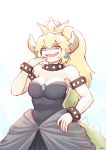  1girl :d bare_shoulders black_dress blonde_hair blue_eyes bowsette bracelet breasts cleavage covering_mouth crown dress earrings fang fingernails grin hand_over_own_mouth hand_up horns jewelry large_breasts looking_at_viewer lutherniel super_mario_bros. nintendo open_mouth pointy_ears sharp_fingernails shell signature slit_pupils small_breasts smile smug solo spiked_bracelet spikes strapless strapless_dress super_crown 
