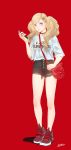  1girl bag black_shorts blonde_hair blue_eyes brown_choker cellphone choker closed_mouth clothes_writing commentary_request full_body hair_ornament hairclip highres holding holding_cellphone holding_phone justin_leyva_(steamy_tomato) light_blush looking_at_viewer persona persona_5 phone red_background red_footwear shirt shoes shorts shoulder_bag signature simple_background smartphone sneakers solo takamaki_anne twintails white_shirt 