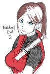  1girl bangs blue_eyes breasts brown_hair claire_redfield copyright_name highres large_breasts looking_at_viewer parted_bangs ponytail resident_evil resident_evil_2 simple_background sketch solo tetsu_(kimuchi) upper_body white_background 