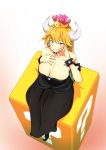  1girl ?_block armlet bare_shoulders black_dress blonde_hair blue_eyes bowsette bracelet breasts cleavage collar crown dress earrings fingernails full_body hand_on_own_chest highres horns jewelry large_breasts long_fingernails long_hair looking_at_viewer manno_(kanpi2100) super_mario_bros. nintendo ponytail sharp_teeth sitting solo spiked_bracelet spiked_collar spikes strapless strapless_dress super_crown teeth turtle_shell 