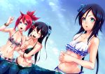  3girls :d bikini black_bikini black_hair blue_bow blue_eyes blue_hair blue_sky blush bow bracelet breast_press breasts character_request cleavage closed_eyes collarbone day dutch_angle eyebrows_visible_through_hair floral_print front-tie_bikini front-tie_top hair_between_eyes hair_bow hands_clasped jewelry large_breasts locked_arms long_hair medium_breasts multiple_girls navel open_mouth outdoors own_hands_together phantasy_star phantasy_star_online_2 pink_bikini ponytail redhead shimozuki_shio shiny shiny_hair sky small_breasts smile standing swimsuit twintails very_long_hair washinomiya_koori white_bikini yasaka_hitsugi 