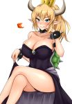  &gt;:) 1girl armlet bangs bare_legs bare_shoulders black_dress blonde_hair blue_eyes blush bowsette bracelet breasts chin_rest cleavage collar collarbone crimecrime crown dress dress_lift eyebrows_visible_through_hair gem highres horns jewelry large_breasts legs long_hair super_mario_bros. new_super_mario_bros._u_deluxe nintendo parted_lips pointy_ears sitting smirk spiked_bracelet spiked_collar spikes strapless strapless_dress super_crown super_mario_bros. tail thighs turtle_shell 