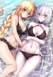  2girls ahoge arm_under_breasts bangs bare_arms bare_shoulders bikini black_bikini black_choker blonde_hair blue_eyes blush braid breast_hold breasts brown_eyes choker closed_mouth collarbone commentary_request eyebrows_visible_through_hair fate/grand_order fate_(series) hair_between_eyes jeanne_d&#039;arc_(alter_swimsuit_berserker) jeanne_d&#039;arc_(fate)_(all) jeanne_d&#039;arc_(swimsuit_archer) large_breasts long_hair looking_at_viewer lying multiple_girls navel o-ring o-ring_bikini o-ring_bottom o-ring_top on_back on_side pale_skin partially_submerged rong_yi_tan shallow_water silver_hair single_braid smile swimsuit very_long_hair water 