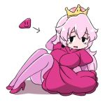  1girl commentary crown dress gabyo_nuno high_heels looking_at_viewer super_mario_bros. nintendo personification pink_hair pink_legwear sitting solo super_crown super_mario_world white_background 