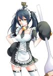  1girl animal animal_on_head apron bell black_cat black_hair cat cat_on_head collarbone elesis_(elsword) elsword fork gloves highres holding holding_weapon kumataro maid maid_apron maid_headdress on_head paw_gloves paws smile twintails weapon 