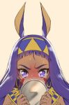  1girl alternate_hairstyle animal_ears bangs blunt_bangs blush commentary earrings embarrassed english_commentary facial_mark fate/grand_order fate_(series) forehead frown grey_background hairband highres holding hoop_earrings jackal_ears jewelry long_hair mirror nitocris_(fate/grand_order) nose_blush purple_hair simple_background solo sweat sweating_profusely tearing_up tears tonee violet_eyes 