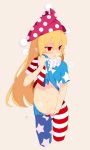  1girl american_flag_legwear american_flag_shirt blonde_hair blush clownpiece commentary_request cropped_legs grey_background hat highres jester_cap long_hair looking_away parted_lips red_eyes saryuu_(iriomote) short_sleeves signature simple_background solo standing stomach striped striped_legwear sweat touhou undressing 