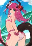  1girl 4410_(kanimiso) absurdres ass bikini commentary_request dragon_girl dragon_horns dragon_tail elizabeth_bathory_(fate) elizabeth_bathory_(fate)_(all) fate/grand_order fate_(series) flat_chest flower from_behind green_eyes hair_flower hair_ornament hand_on_own_ass hand_to_own_face highres horns long_hair looking_back outdoors pink_bikini pink_hair pink_swimsuit pointy_ears side-tie_bikini smile solo swimsuit tail 