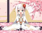  1girl :d azur_lane bangs bird black_gloves blue_eyes blush cherry_blossoms child collarbone eyebrows_visible_through_hair fang fingerless_gloves gloves hair_ornament head_tilt highres indoors japanese_clothes kagami_mochi kimono long_hair long_sleeves looking_at_viewer mole mole_under_eye nengajou new_year open_mouth petals print_kimono seiza shoukaku_(azur_lane) silver_hair sitting smile solo ty_kaede very_long_hair white_kimono wide_sleeves younger 